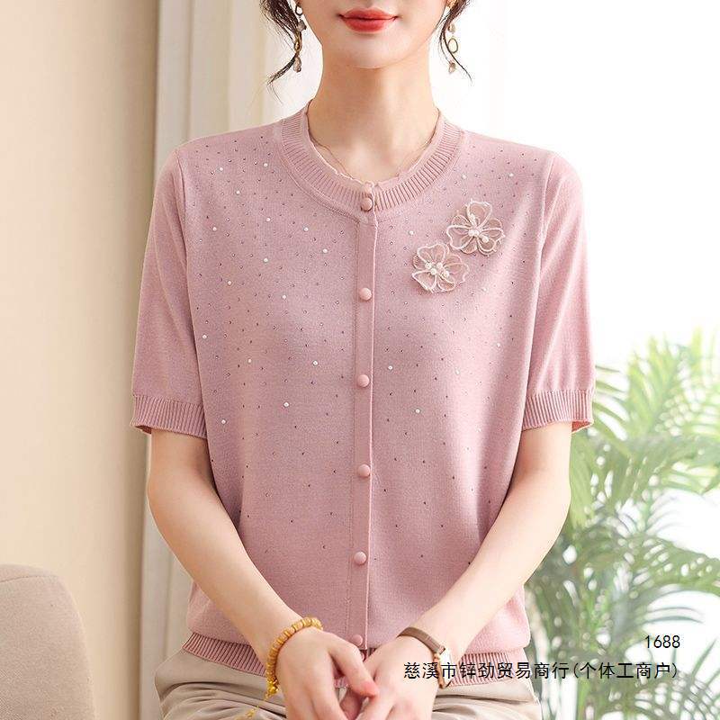 夏季时尚圆领短袖中老年妈妈装套头百搭舒适细针织衫洋气上衣服饰