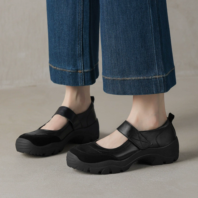 Женские туфли Мэри Джейн из натуральной кожи в британском стиле, новинка 2025 года, маленькие кожаные туфли на мягкой подошве, повседневная женская обувь на плоской подошве с неглубоким носком, туфли на толстой подошве