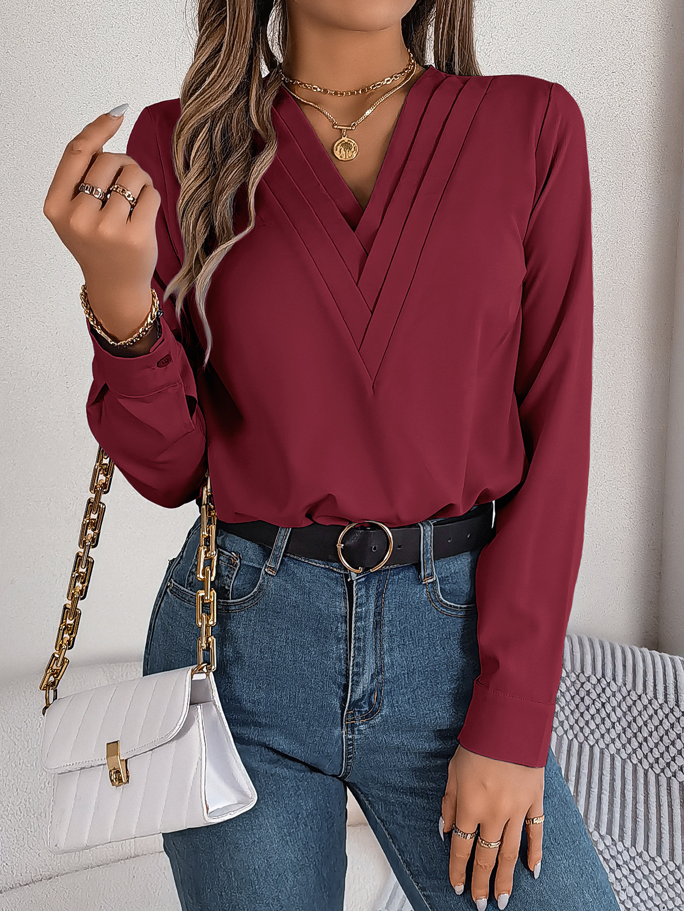 Chemisier Femme PASUDA En Coton - Manches Longues, Col En V, Coupe Ample - 6 Couleurs Unies - Taille S à XXL - 7