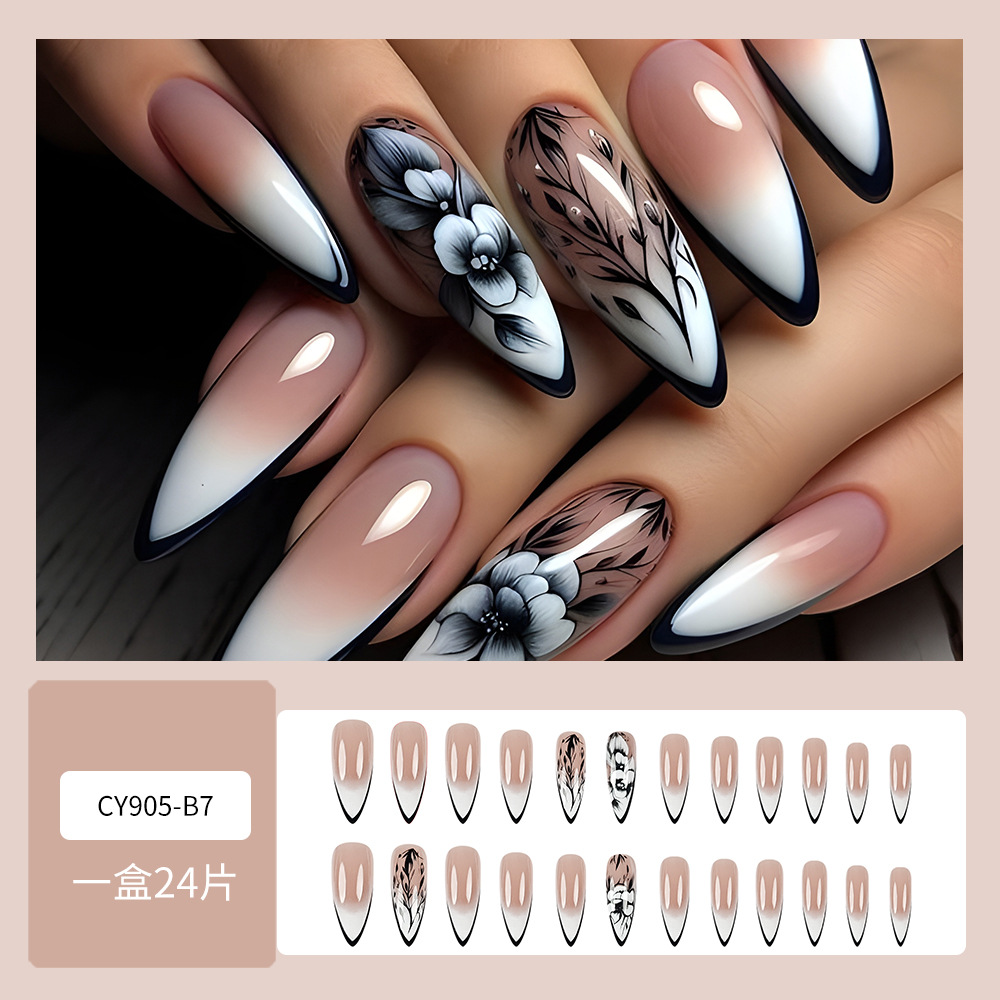 Polvo desnudo gradiente negro floral parche de manicura transfronterizo ventas calientes retrógradas fabricantes de uñas de suministro directo 24 piezas de uñas image 7