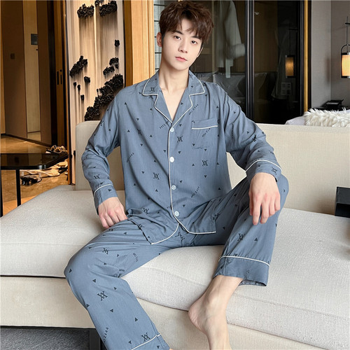 Men's Spring and Autumn Long Sleeve Cotton Silk Pajama Set with Simple and Refined Style, Thin Summer Collar Home Wear Suit