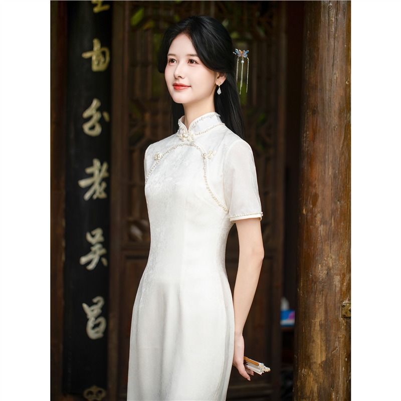 Just Jiangnan | New Chinese-Style Improved Cheongsam, White Elegant Temperament, Young Bride Wedding Toast Dress, Engagement Dress.