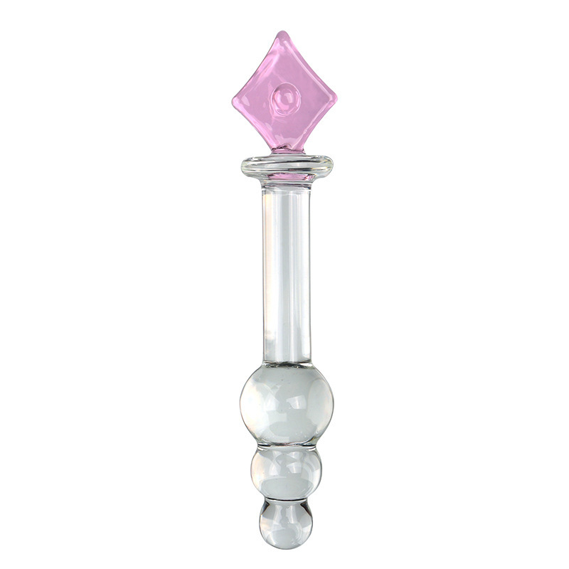Glass Anal Plug with Poker Card Crystal Design, Bumps and Threads Texture, Transparent — detail image 5