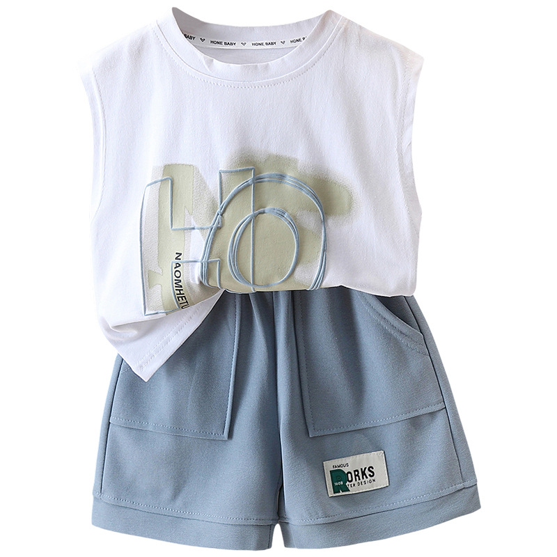 5687 traje sin mangas para niños 2025 nuevos pantalones cortos de chaleco con estampado de verano para niños de dos piezas para bebés de moda delgada