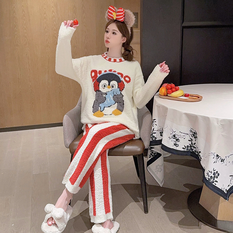 新款热销半边绒睡衣女士加厚可外穿家居服甜美可爱企鹅软绵绵睡衣|undefined