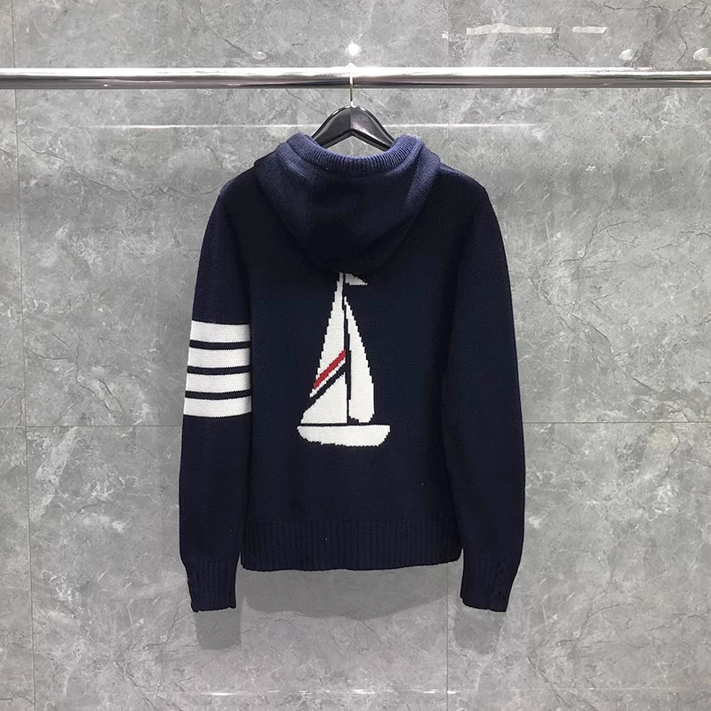 Spring and Autumn Hooded Zipper Cardigan Sweater Young Men's and Women's Back Sailing Four Bars Sweater Trendy Brand Couple Clothes