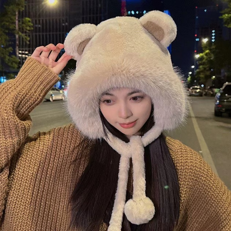 帽子女性の秋と冬の新しいかわいいクマぬいぐるみ屋外サイクリングプラスベルベット肥厚暖かい耳保護帽子寒さを防ぐ卸売|undefined