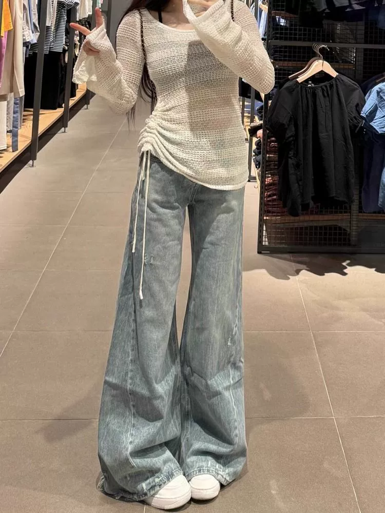 Американские ретро светлые изношенные джинсы женские осенние и зимние высокие талии свободные широкие ноги тонкие широкие брюки