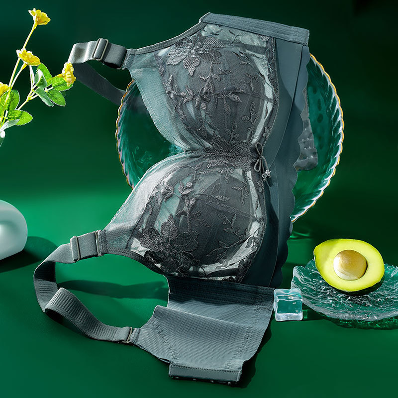 Sexy French embroidery bra set for fat mm with big breasts, full cup adjustment, ultra-thin latex underwear for women