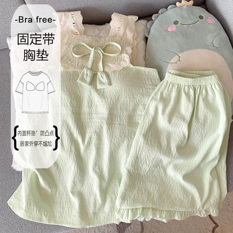 Pijamas para mujer con almohadilla para el pecho chaleco con borde de encaje verano pantalones cortos sin mangas de algodón de nube fina color sólido estilo princesa servicio a domicilio