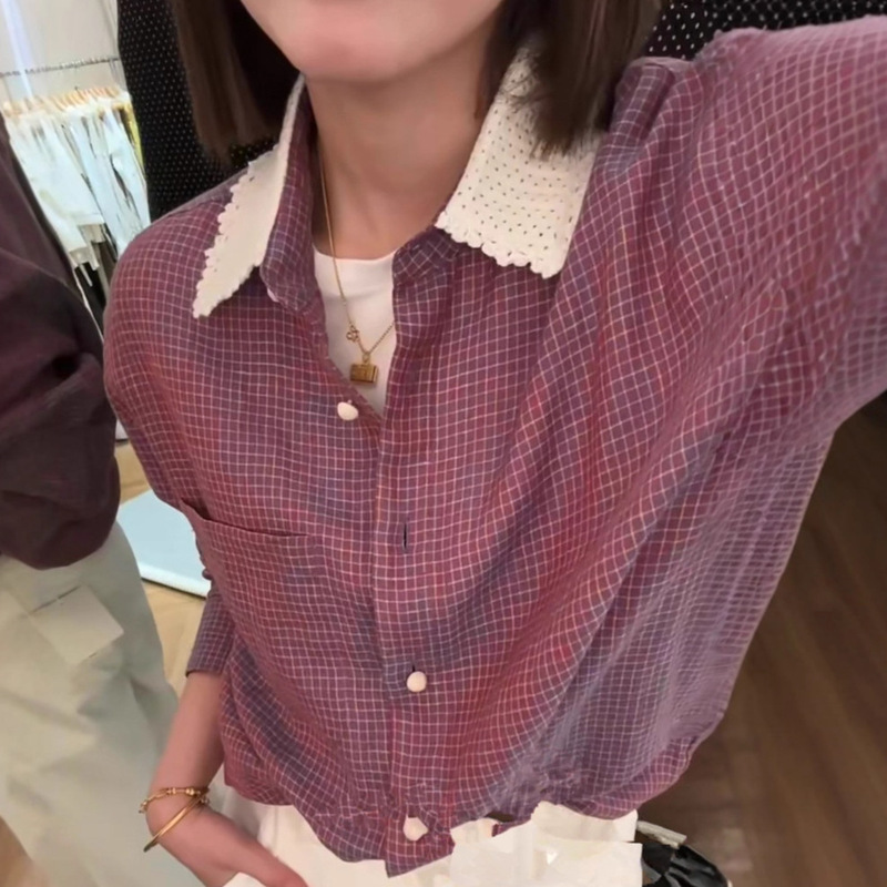 南油货2025新款手工钩花格子亚麻衬衫休闲百搭减龄衬衣长袖不退换|undefined