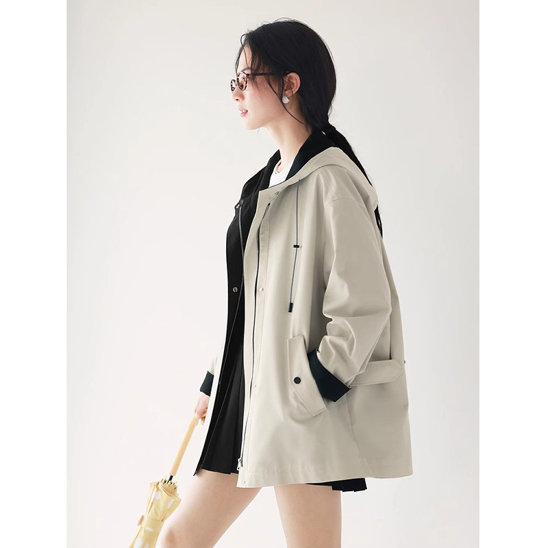 Contrast Color Design Zipper Placket Hooded Short Pike Coat Women's 2025 Spring New 1G1960231