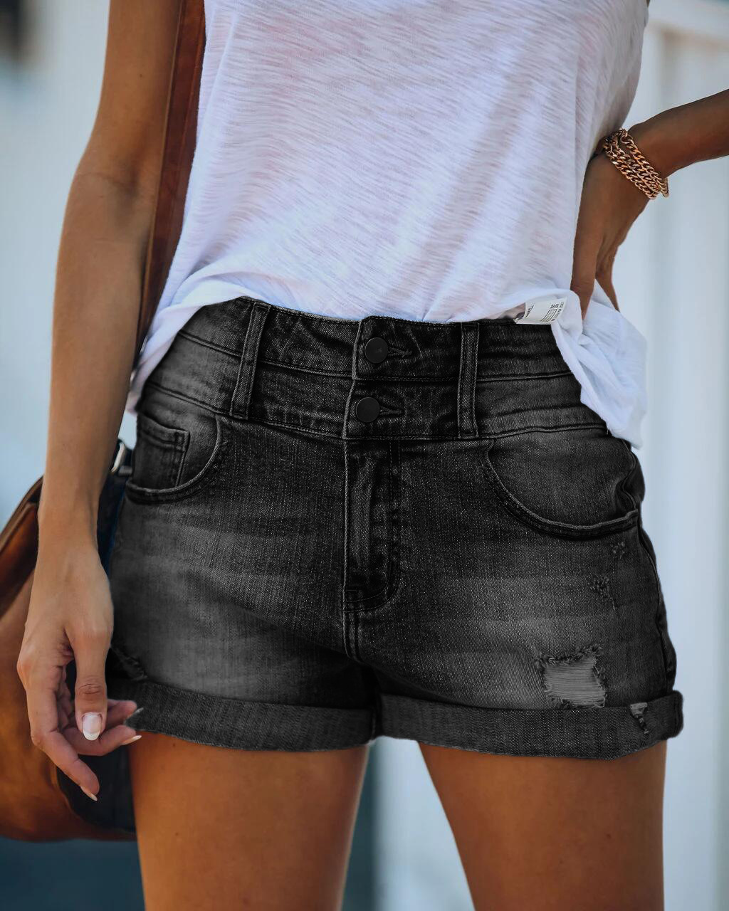 Shorts de Mezclilla para Mujer, Algodón y Poliéster, Cintura Alta, Alta Elasticidad, Efecto Lavado y Desgastado image 9