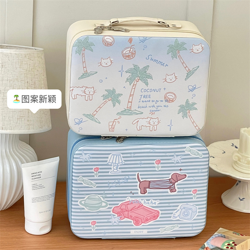 Cute bolsa de maquillaje portátil de gran capacidad caja de almacenamiento de maquillaje impermeable portátil con espejo bolsa de maquillaje