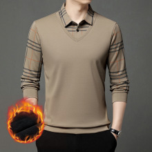 秋冬季新款保暖男装假两件保暖加绒假两件爸爸休闲polo衫上衣