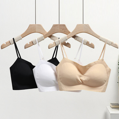 女士冰丝背心式无痕文胸无钢圈运动睡眠打底吊带内衣性感美背裹胸|ms