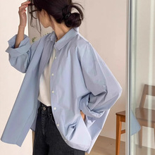 高级感蓝色纯棉防晒衬衫女2025夏季慵懒宽松外搭衬衣长袖外套上衣