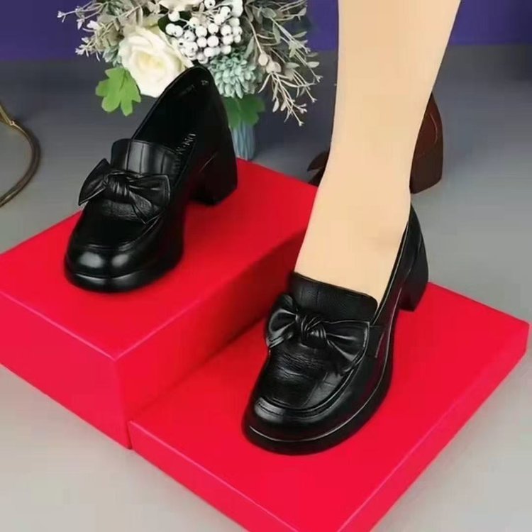 蝴蝶结粗跟小皮鞋女2025秋季新款百搭一脚蹬厚底单鞋软皮乐福鞋女|undefined