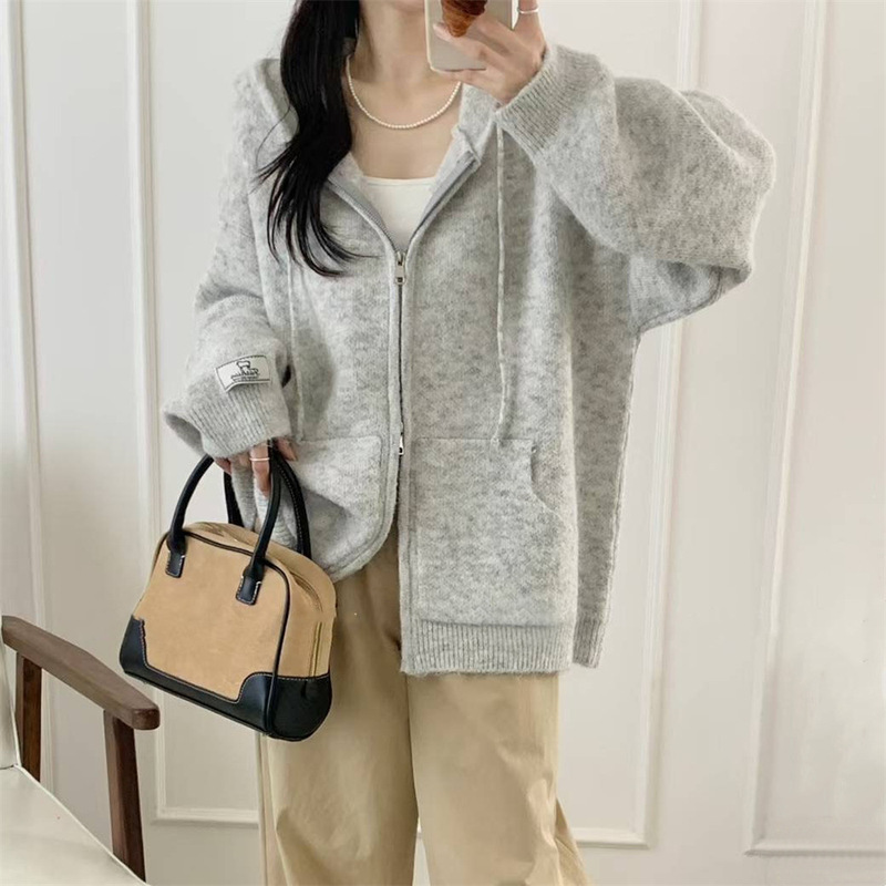 软糯连帽拉链毛衣开衫外套女秋冬新款宽松慵懒风加厚休闲针织上衣|undefined