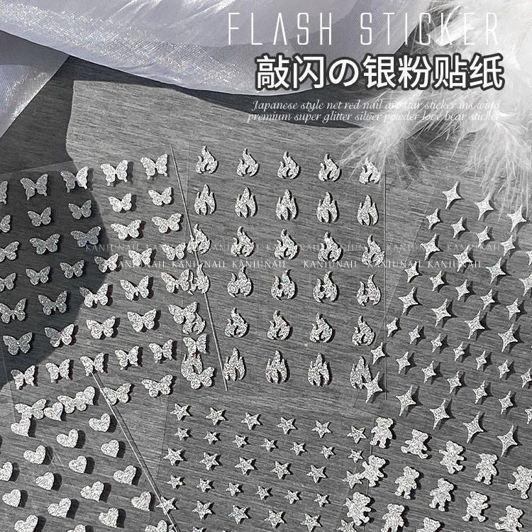 New Silver Glitter Nail Stickers with Stars, Adhesive Stars, Flames, Bears, Hearts, and Butterflies for Nail Art Wholesale