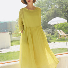 文艺棉麻女装2025春夏新品圆领七分袖加捻细皱肌理双层苎麻连衣裙
