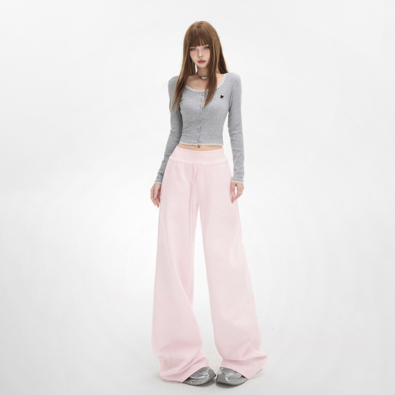 Orange Silk Women's Clothing# American Retro Loose Sports Wide Leg Pants Pink Dape Drawstring Lazy Straight Casual Pants Women