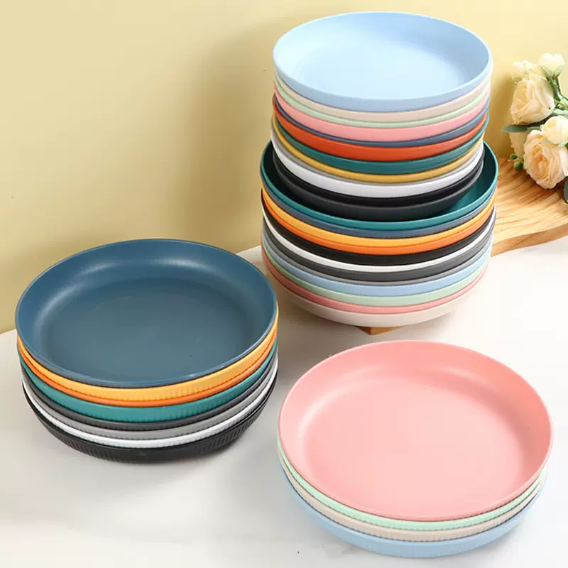 跨境小麦秸秆盘子家用20cm23cm圆盘水果菜盘饺子盘食堂pp塑料盘