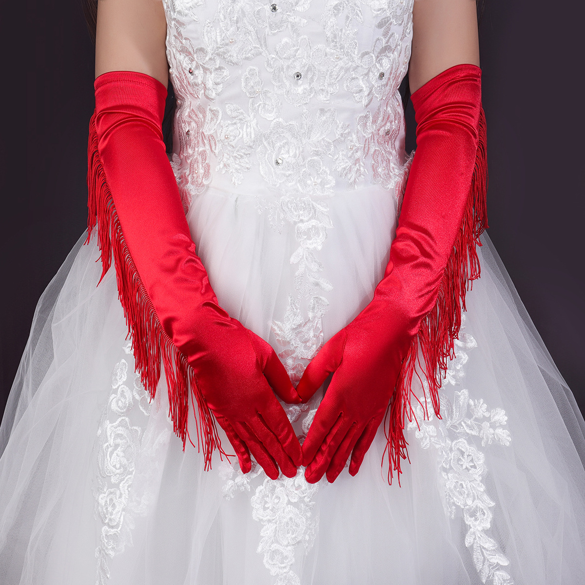 Larga borla etapa de la fiesta guantes sexy prom etiqueta guantes transfronterizos