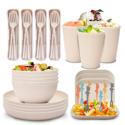 Cross border Wheat Straw tableware suit household Rice bowl Dinner plate glass Portable Knife and fork Chopsticks set gift