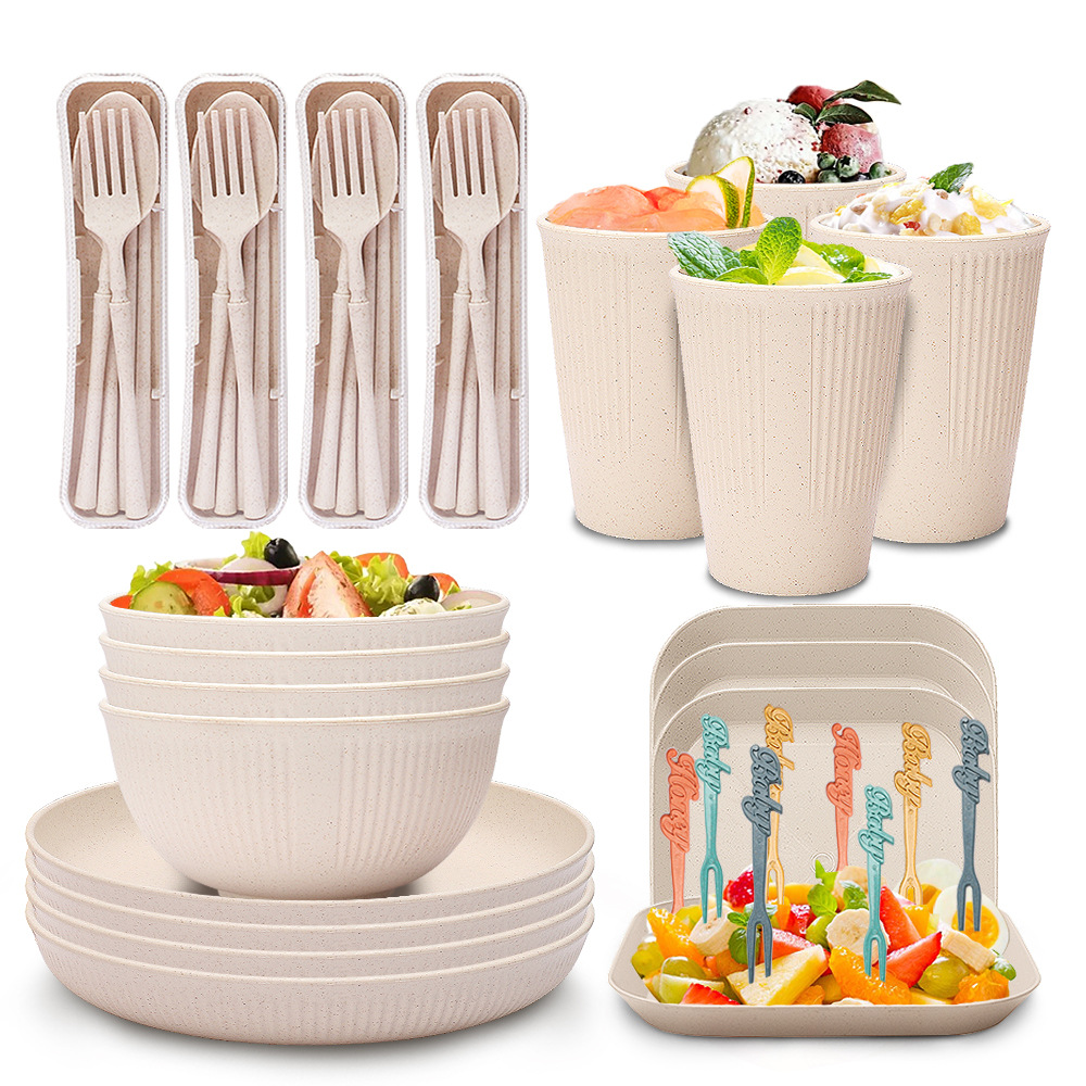 Cross border Wheat Straw tableware suit household Rice bowl Dinner plate glass Portable Knife and fork Chopsticks set gift