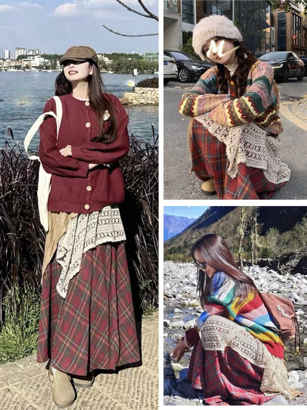 设计感叠穿不规则撞色格子半身裙2025秋冬女新款裙子中长裙半裙|undefined