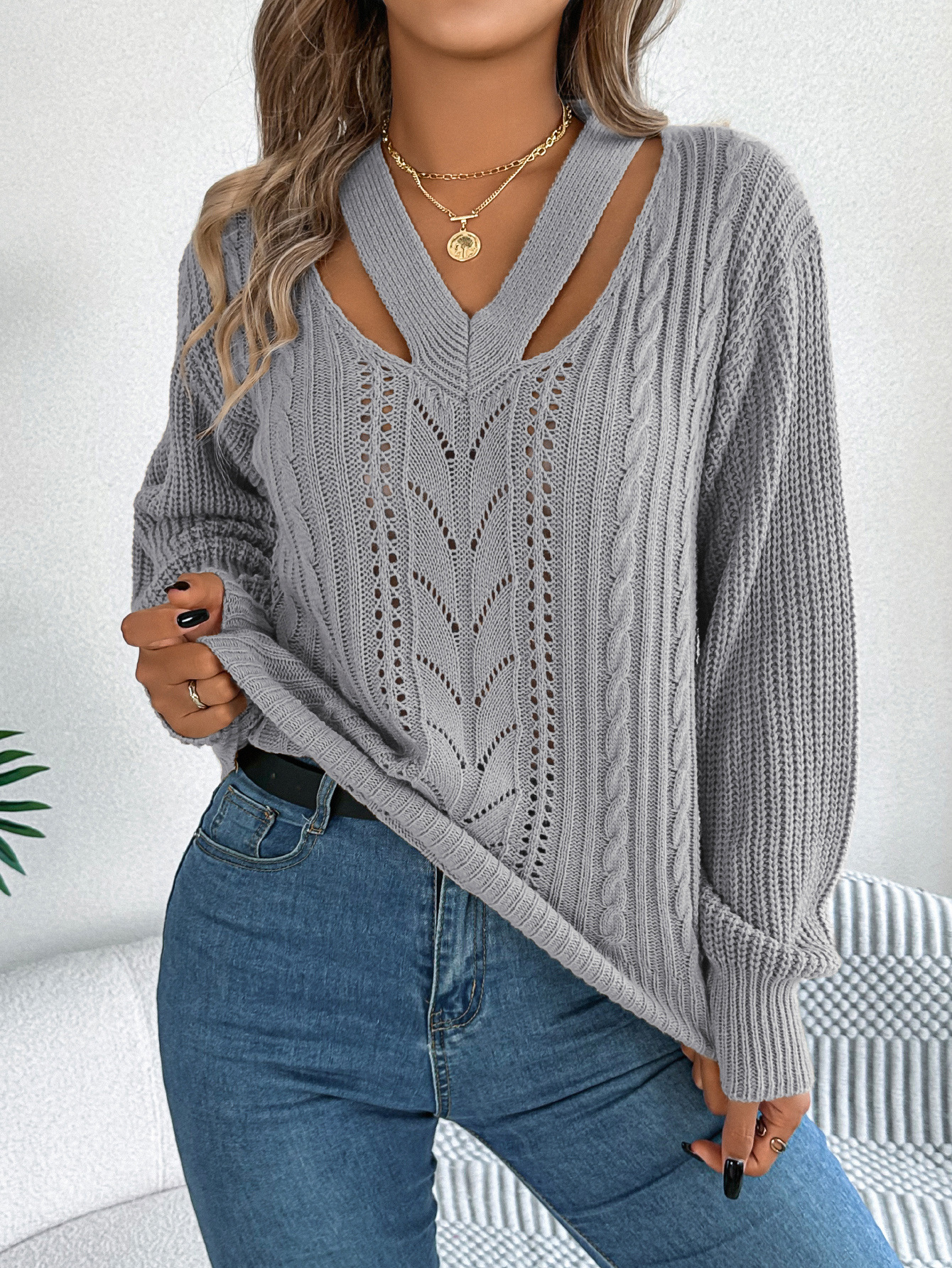 Women's V Neck Pullover Sweater Knitted Lantern Sleeve Top_voghion.com
