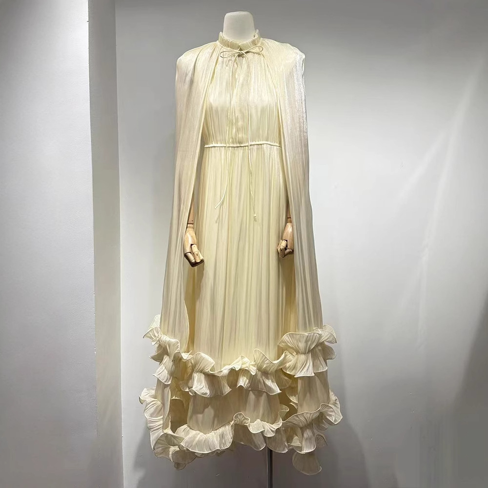 Opera Cape Dress – Double-Layer Ruffle Trim & Empire Waist (Navy/Blush/Chocolate, Polyester Blend, Flowing A-Line Silhouette For Regal Presence)_voghion.com