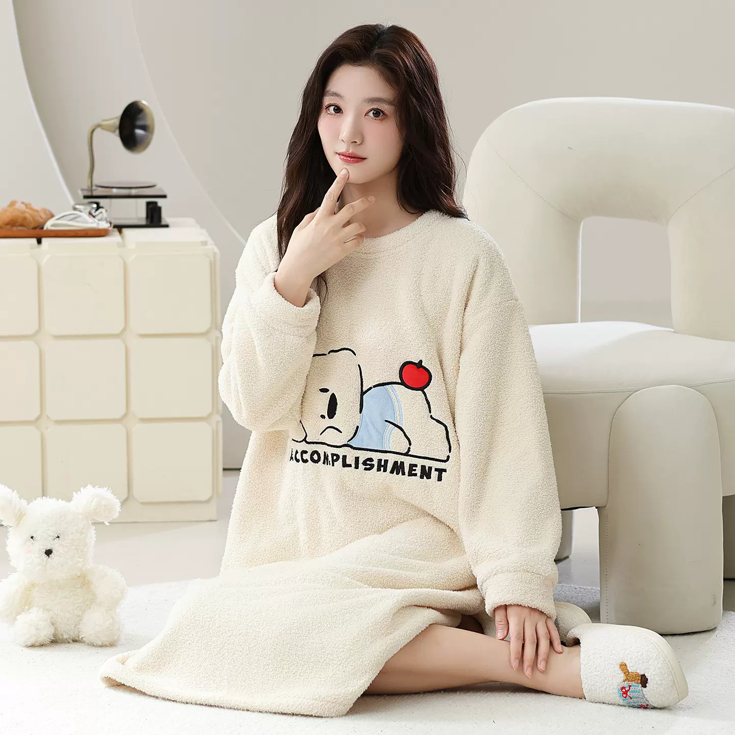 2025新款睡裙女士冬季厚款半边绒加绒加厚保暖可爱卡通睡裙家居服