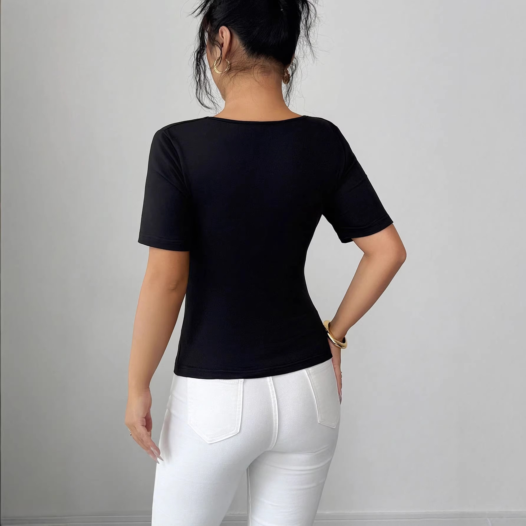 Women's Solid Color Duffle Neck Top With Metal Buckle Faux Two Piece Short Sleeved Trendy Hot Girl_ecoleips.com