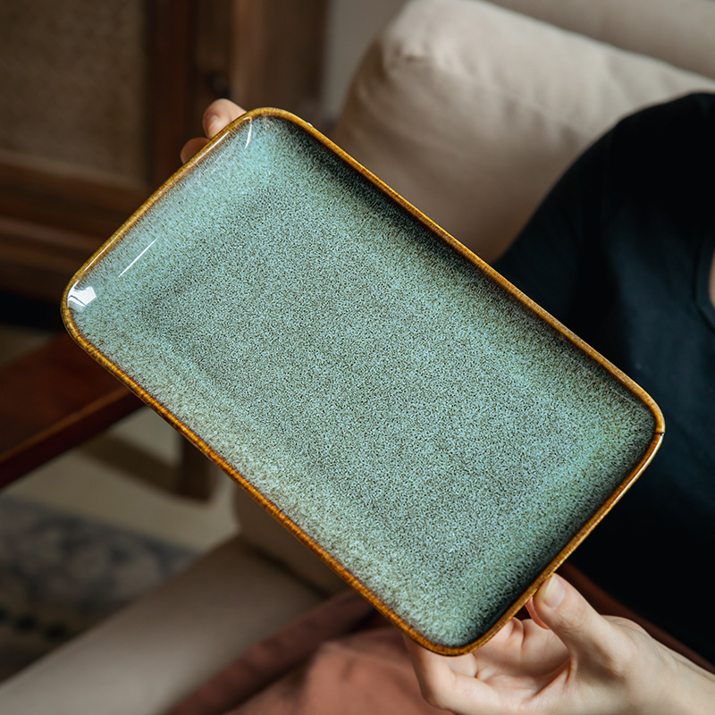 Bobbi verde retro textura rectangular platos de bocadillos de cerámica platos de sushi japonés exportación transfronteriza