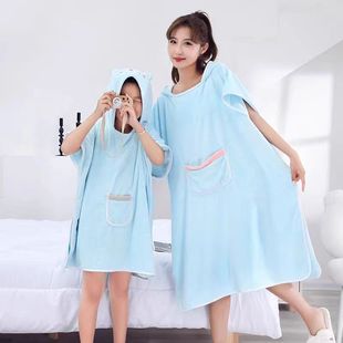 New Coral Velvet Hooded Bathrobe with Large Pockets, Absorbent Bath Towel, Half-Sleeved Color Matching Bath Skirt, Long Wearable Bath Towel Wholesale