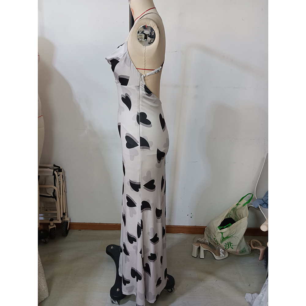 Summer Women Wear Sexy Sling Dress Heart Printing Backless Slim Fit Vacation Dress