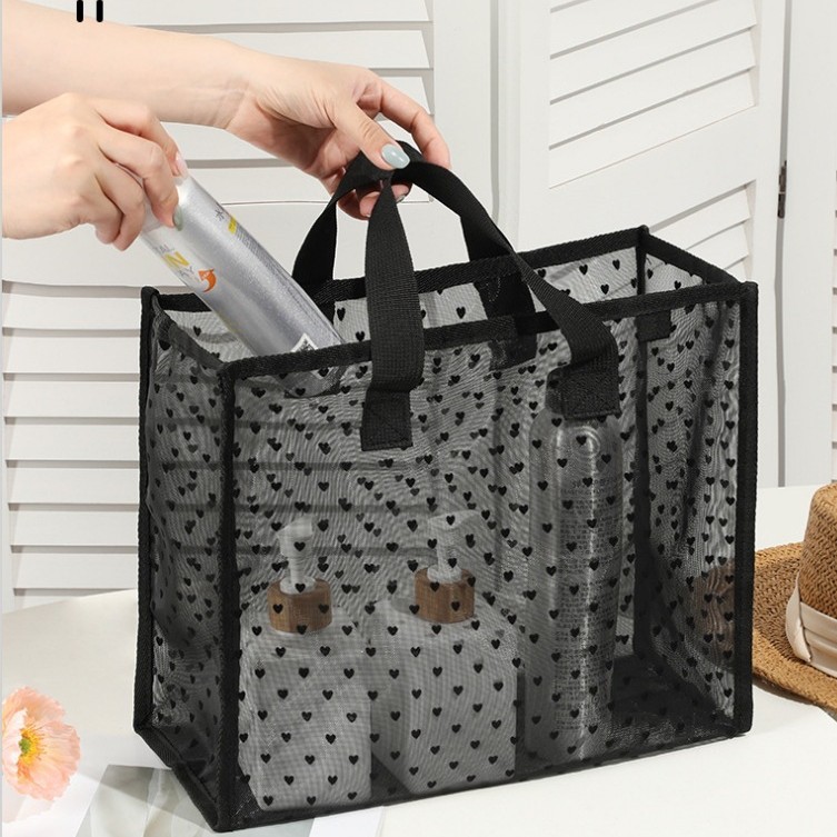 Bolsa de lavado de viaje portátil de alto valor facial bolsa de maquillaje amor bolsa de playa bolsa de almacenamiento de flocado bolsa de ropa hilo de malla transparente