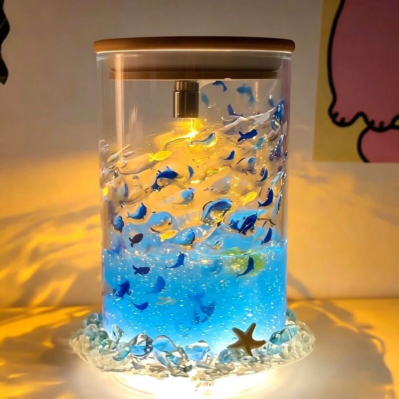 Blue Healing Little Fish Floating Cup Rotating Night Light Underwater World DIY Handmade Gift for Girls on Qixi Festival or Birthday