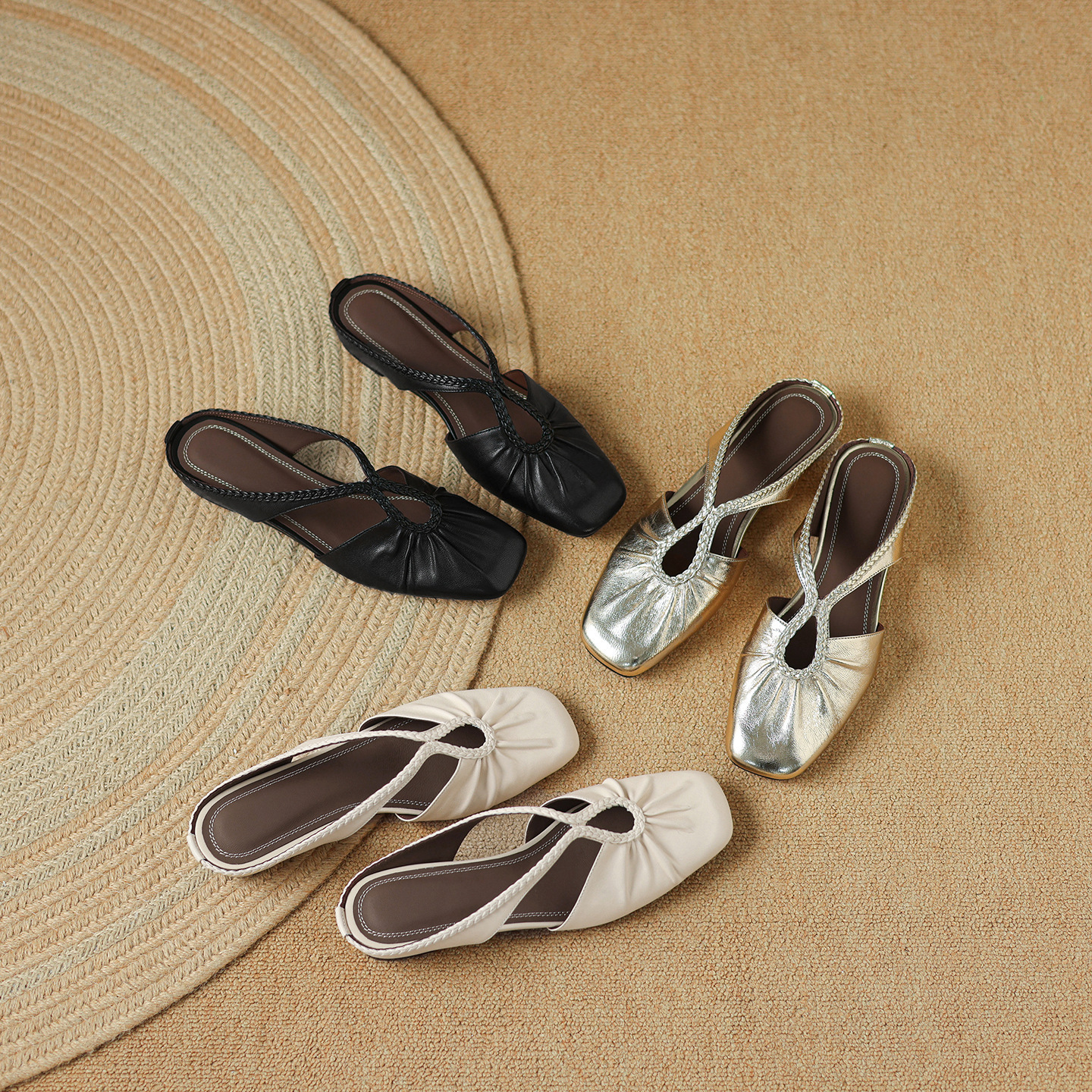 Dép sandal nữ quai chữ V đế bệt mũi tròn phong cách đơn giản — đen chi tiết 1