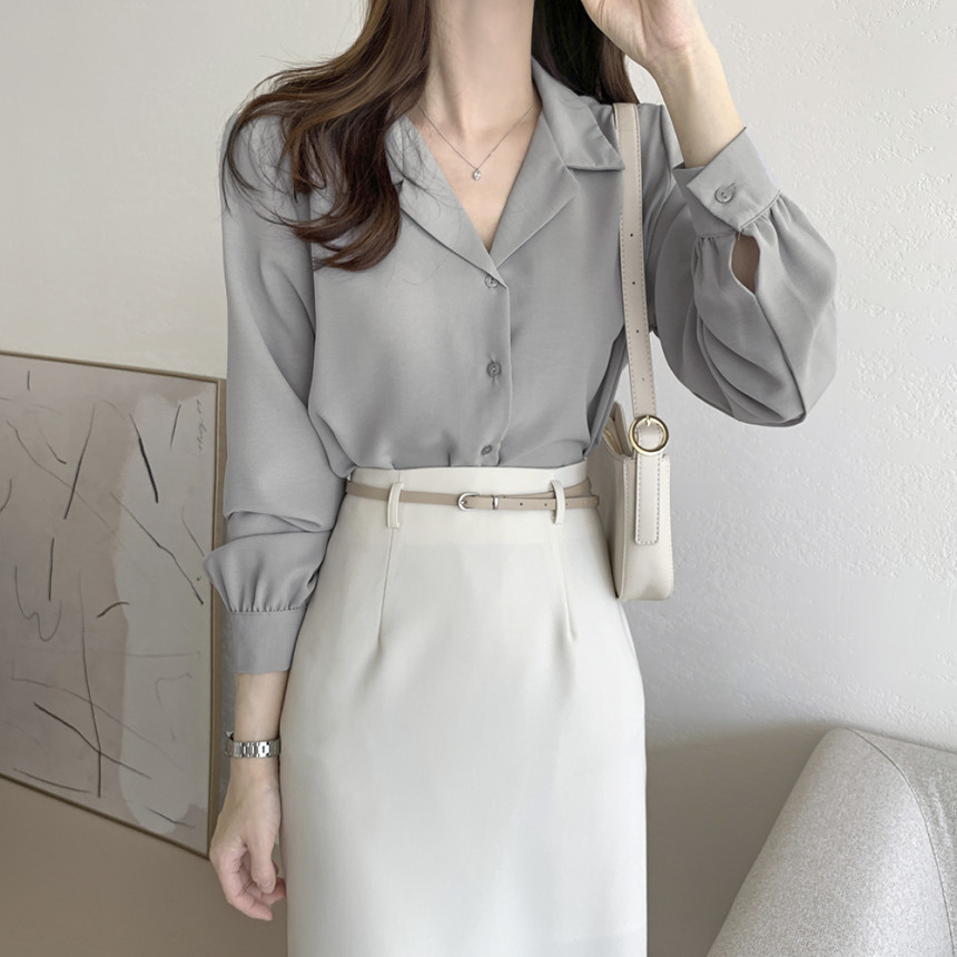 South Korea Dongdaemun 2025 Spring Simple Pure Color Elegant Suit Collar Chiffon Shirt Design Long-Sleeved Top