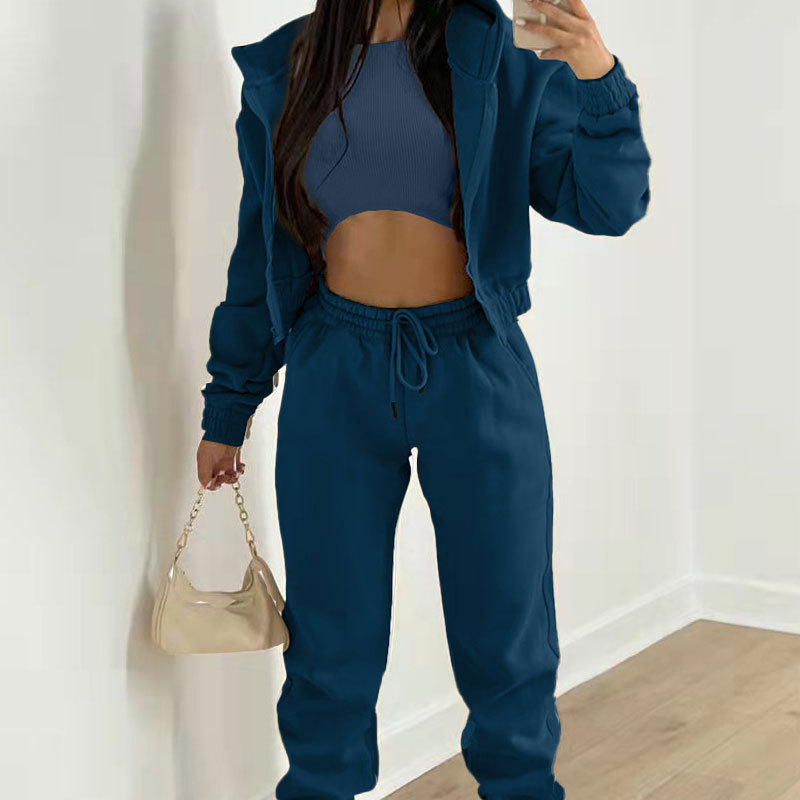 Conjunto de tres piezas mujer sudadera con capucha y forro_voghion.com