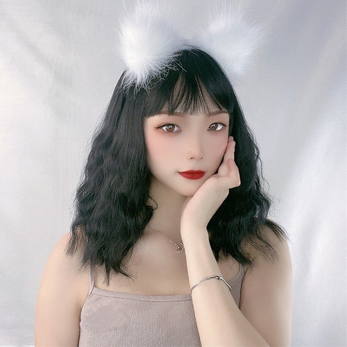 Wig female blue gray short curly hair Internet celebrity air bangs playful and cute egg roll head natural realistic short hair set