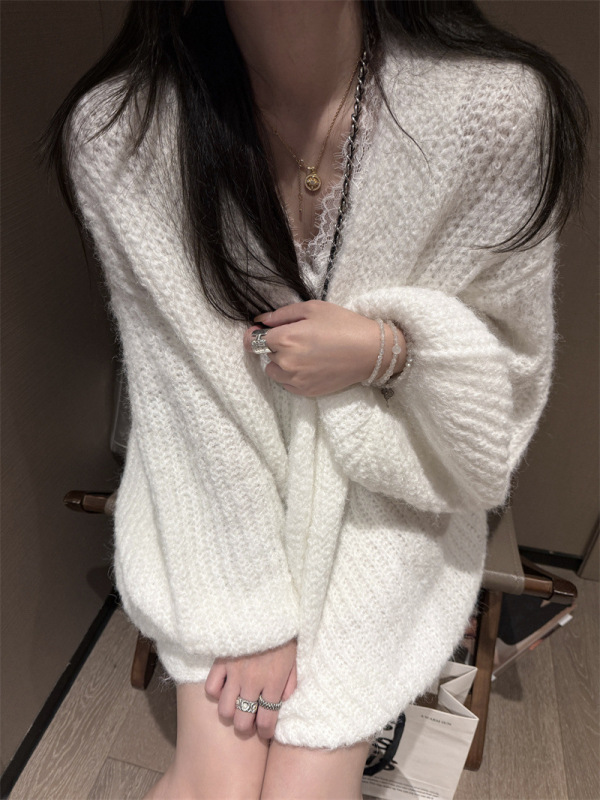 韩系慵懒松弛感灯笼袖软糯羊驼毛针织大开衫女早秋休闲毛衣外套|undefined