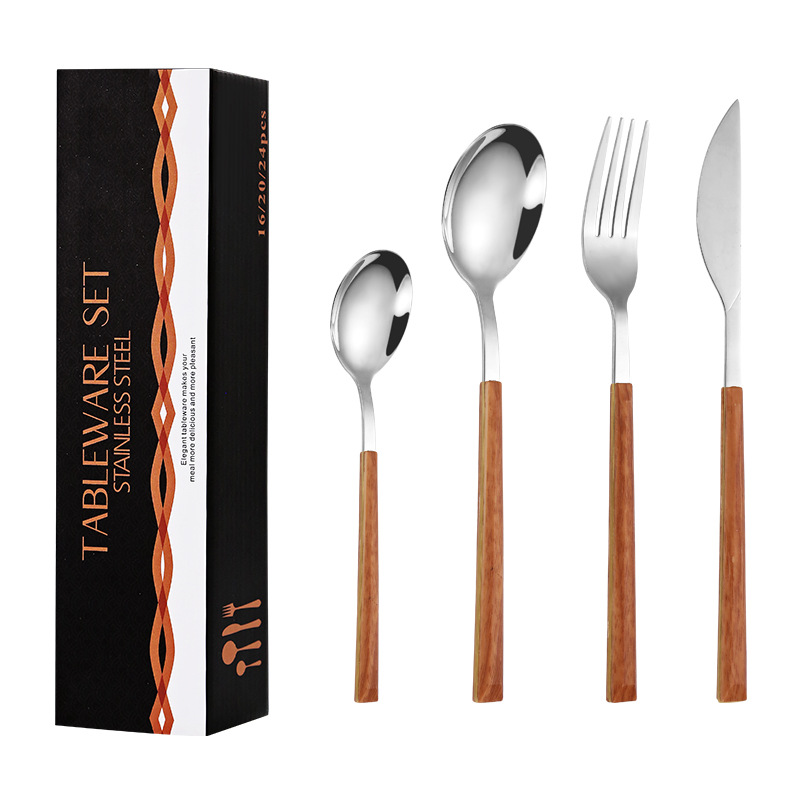 Mango de madera de acero inoxidable vajilla Juego de 16 piezas cuchillo y tenedor cuchara mango de madera de estilo coreano vajilla de acero inoxidable traje de lujo ligero caja de regalo