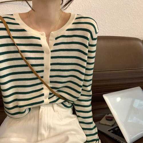 2025 early autumn long-sleeved sweater outer Korean style new thin striped top knitted cardigan women's clothing