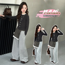 法国女童2025秋新款假两件百搭打底衫儿童亲肤长袖T恤阔腿裤两件