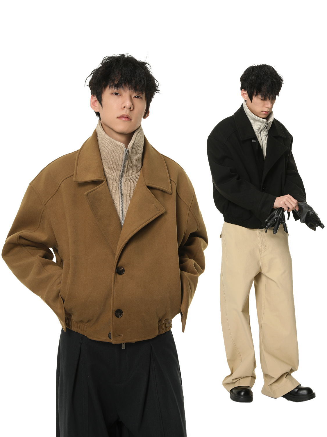 MTLCLOTHES Hombres| Coreano corto color de contraste falso empalme dos piezas de algodón de cuello alto rango ropa de algodón casual de alta calidad