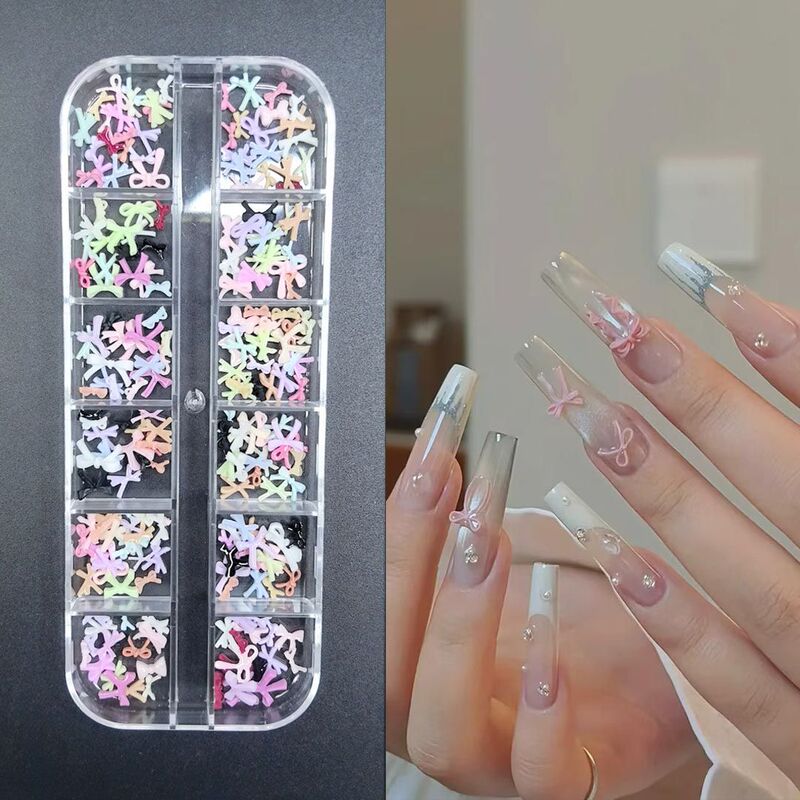 12-Grid Mini Bow Nail Art Popular Small Colorful Pink Sweetheart Bow Resin Nail Decoration